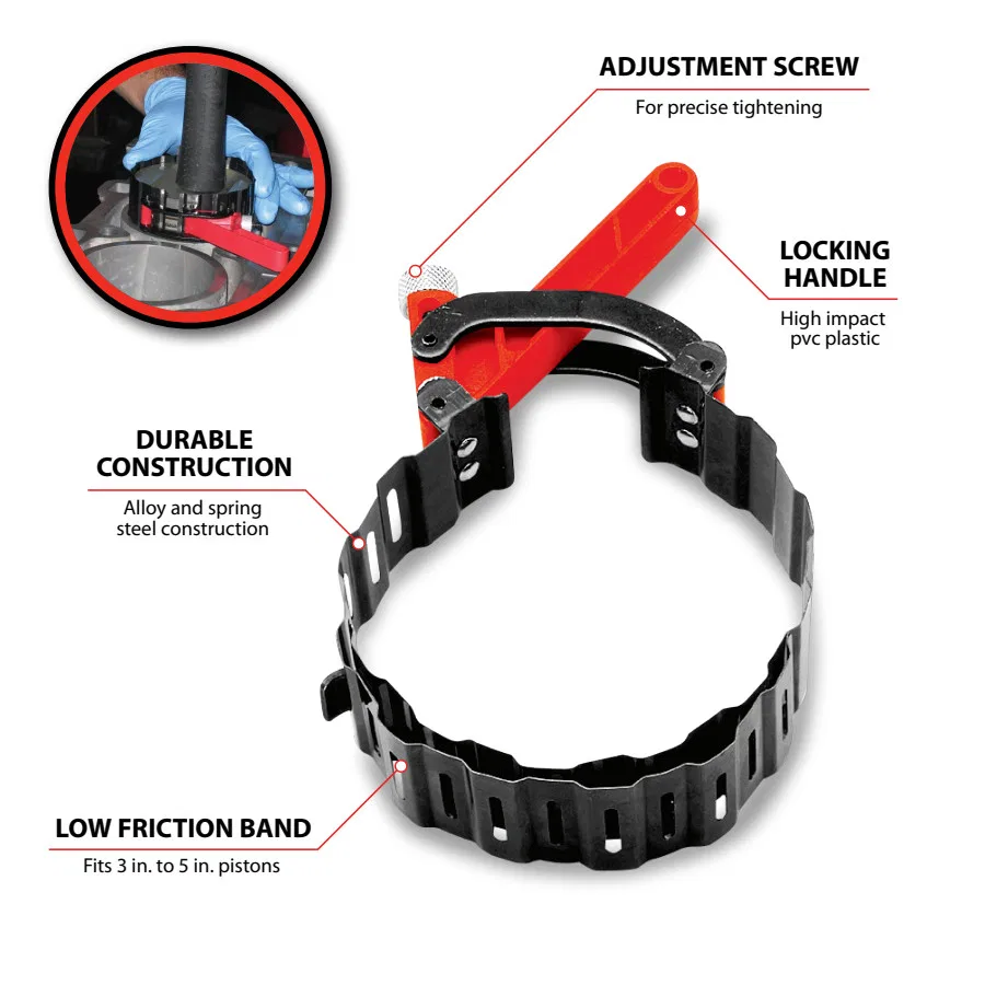 W80574 – PERFORM TOOL Piston Ring Compressor, Adjustable 3 Inch To 5 Inch Pistons Red/ Black - view 3